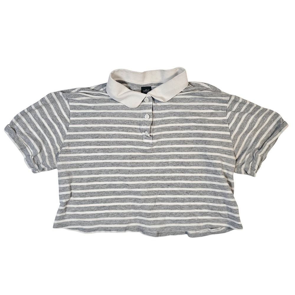 Wild Fable Womens Medium Grey White Striped Cropped Polo Shirt Short Sleeve Boxy